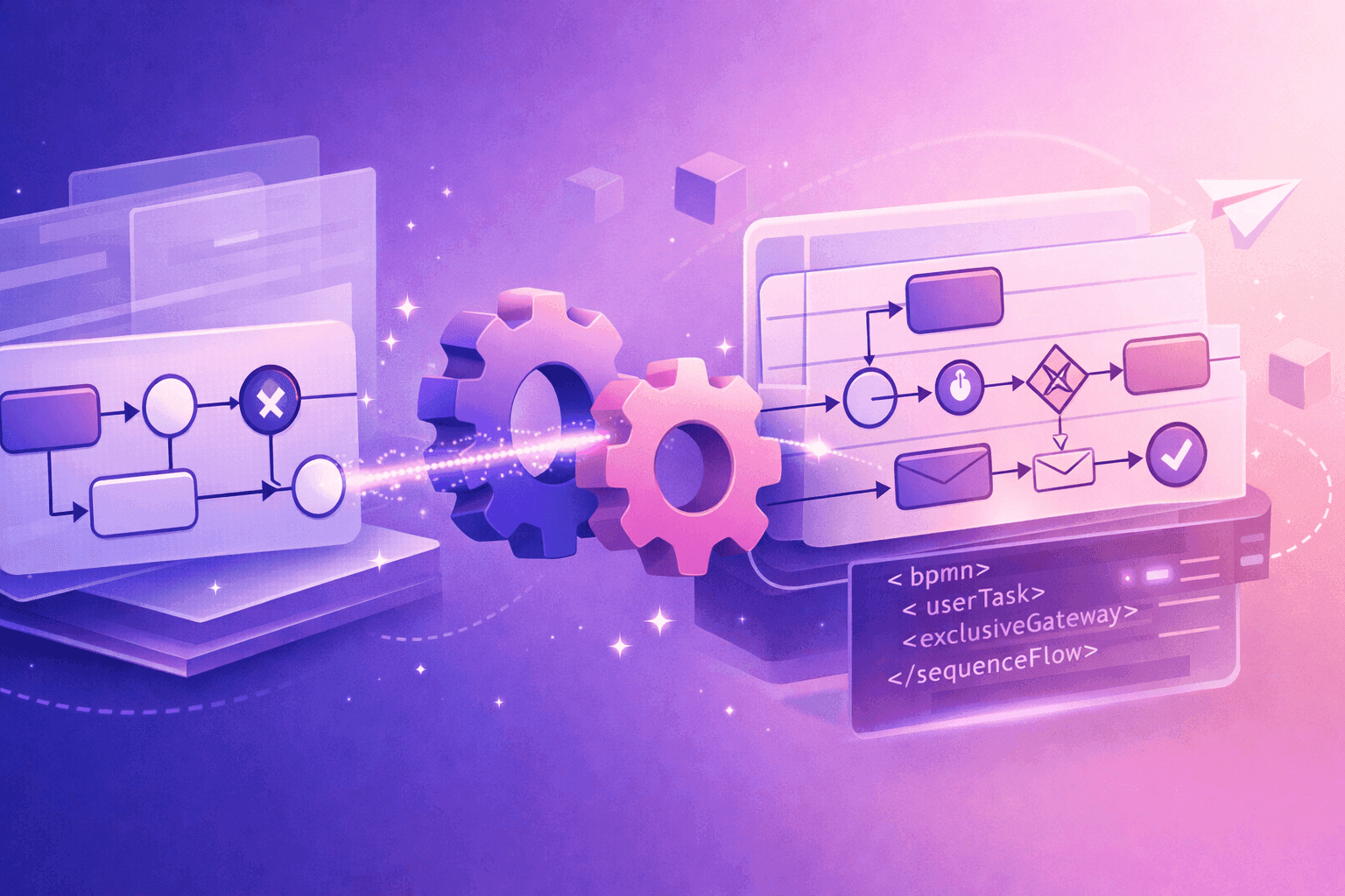 Visio to BPMN conversion illustration showing transformation from proprietary diagrams to standards-compliant BPMN XML