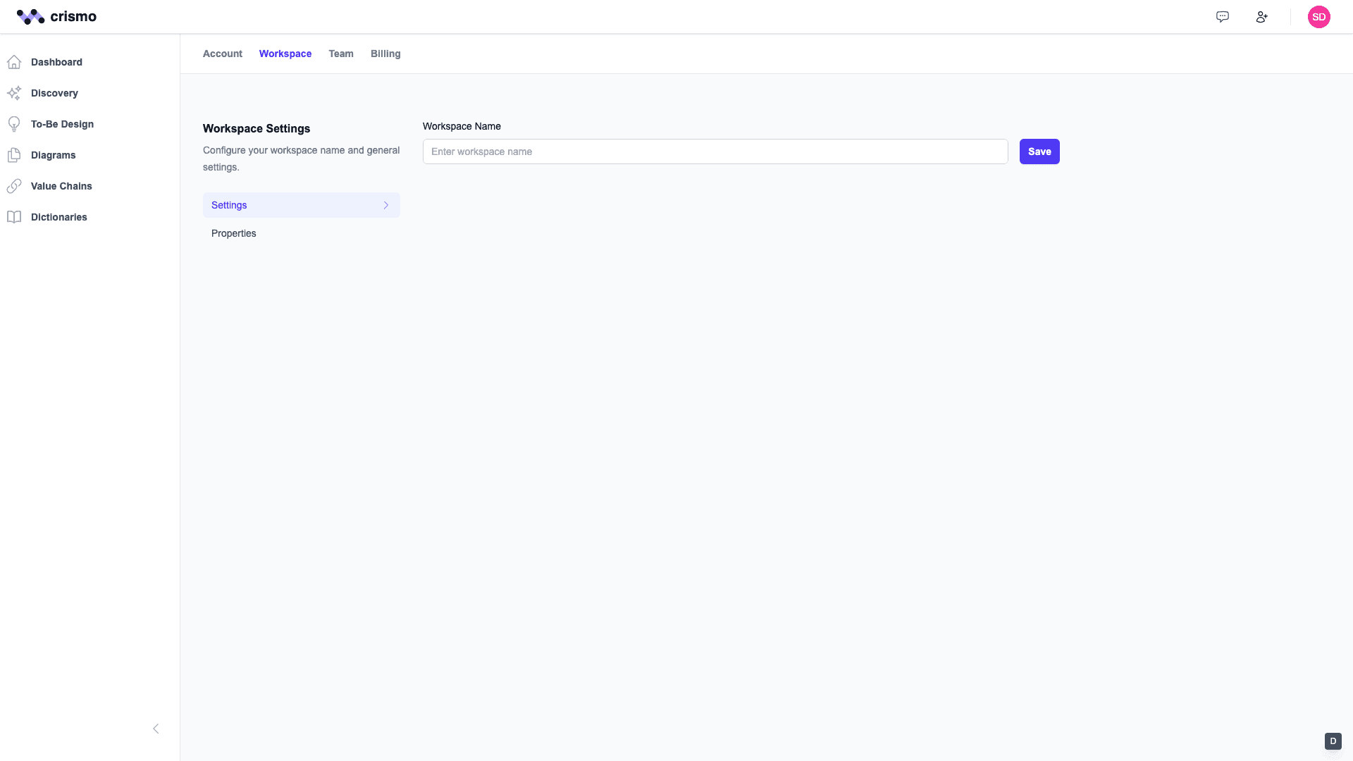Crismo workspace settings page