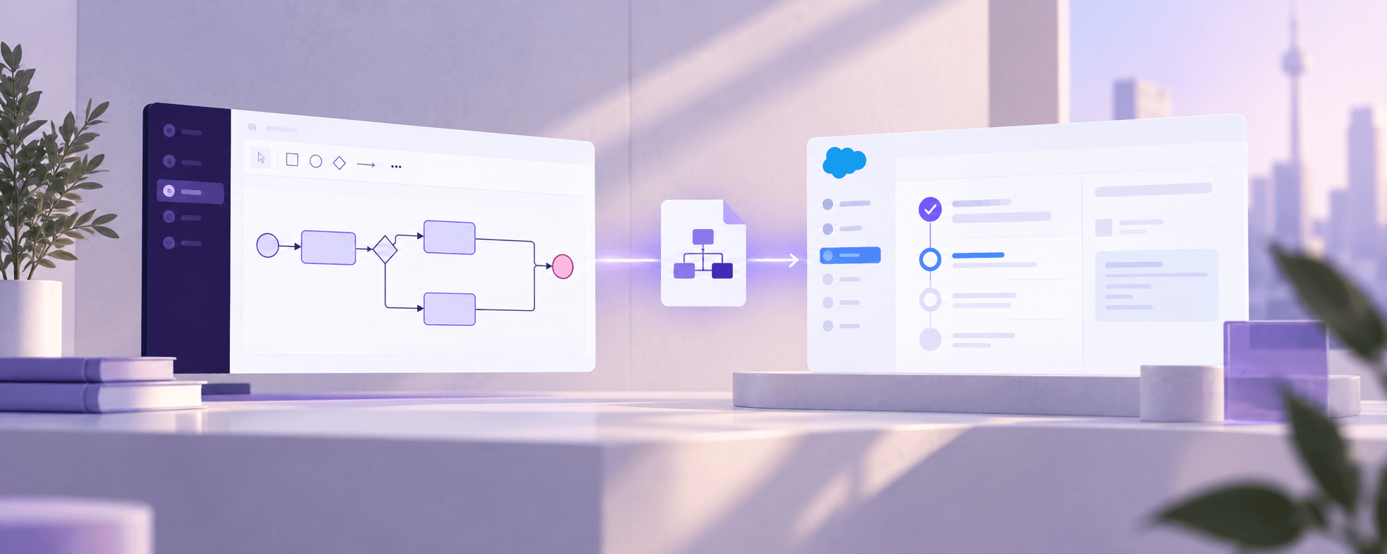 A BPMN model in Crismo exported as a file and imported into Salesforce as a process plan