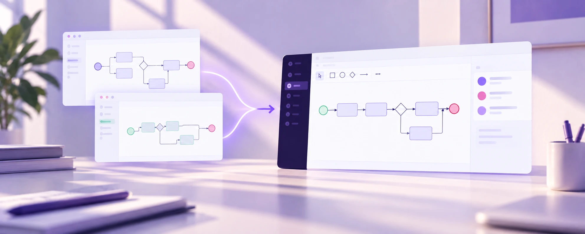 Two companies' process models merged into one harmonized BPMN process in Crismo